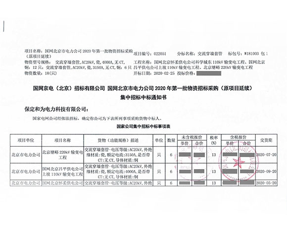 國網(wǎng)北京市電力公司高壓穿墻套管中標(biāo)項目